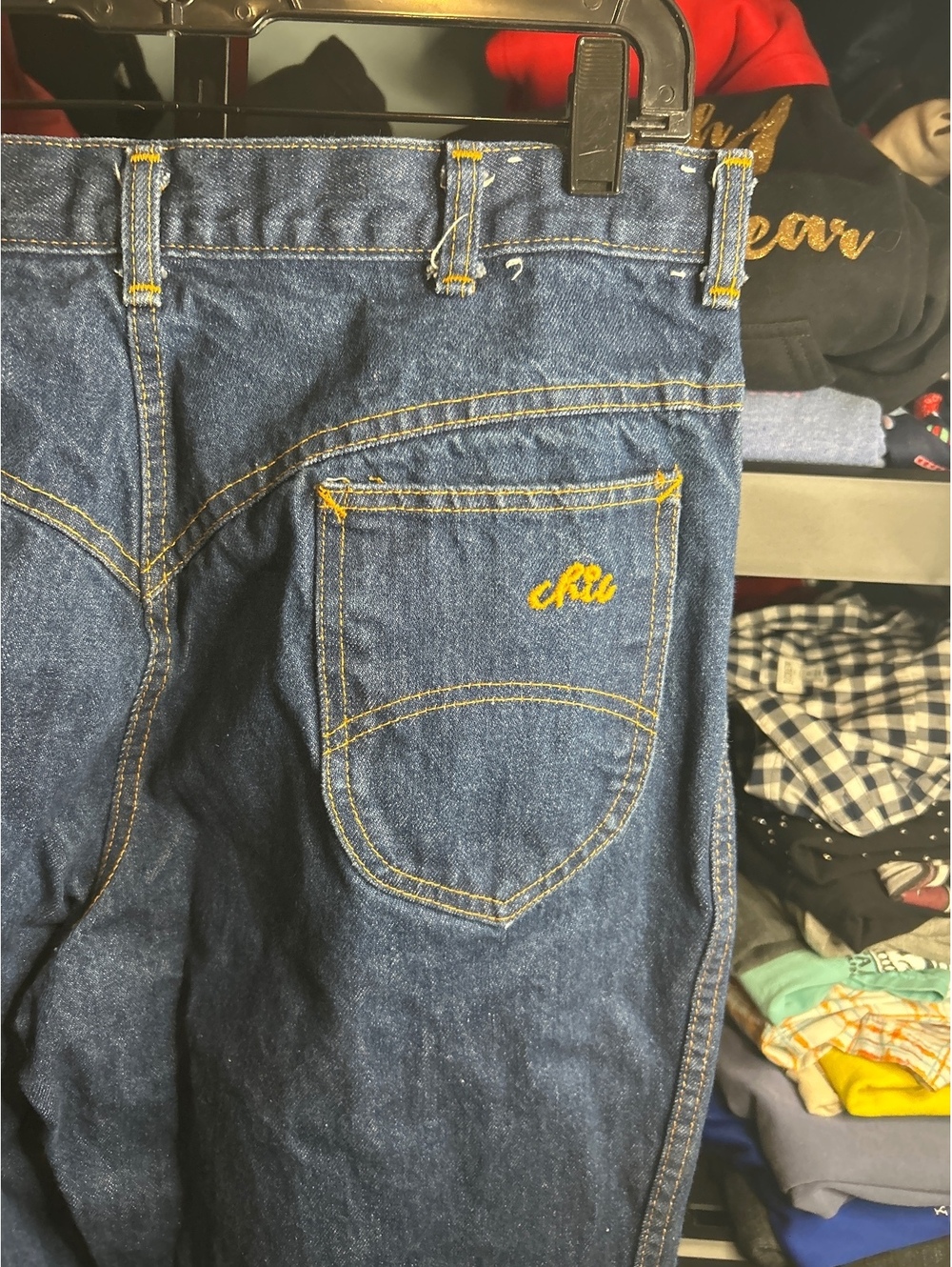 Chic Vintage Dark Blue Denim Jeans with Yellow Stitching